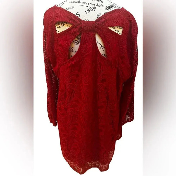 Ros & Ali Red Lace long sleeve tunic. Size 2x Perfect for the holidays! - Picture 1 of 3